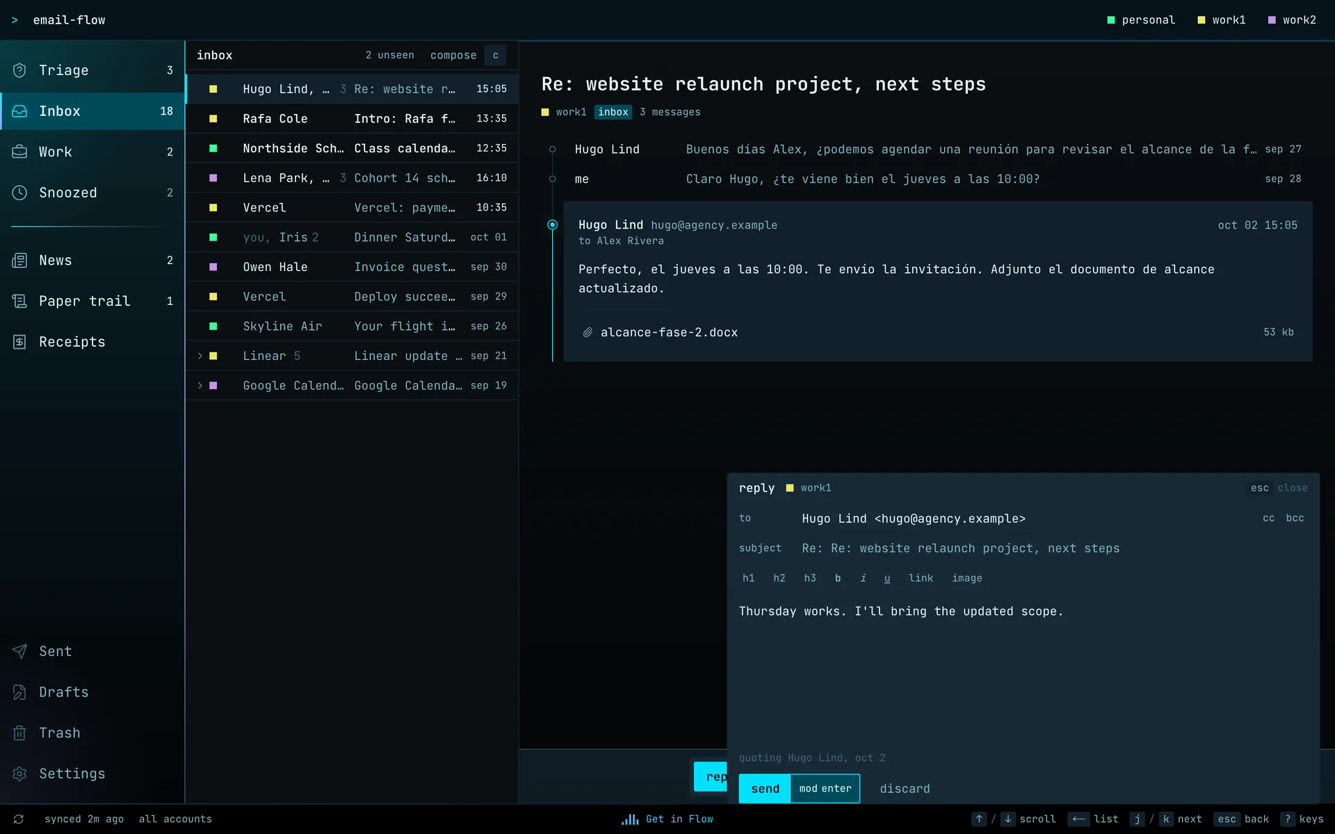 A reply composing in a panel docked over the reading pane, with the thread still visible above it
