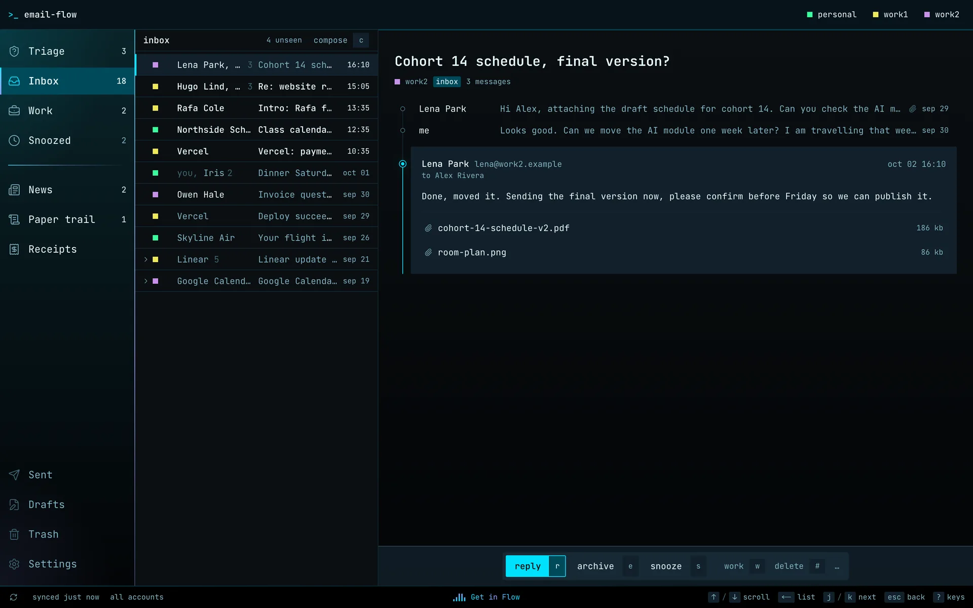 email-flow: a dark, monospace mail client with a bucket rail, a thread list and an open thread