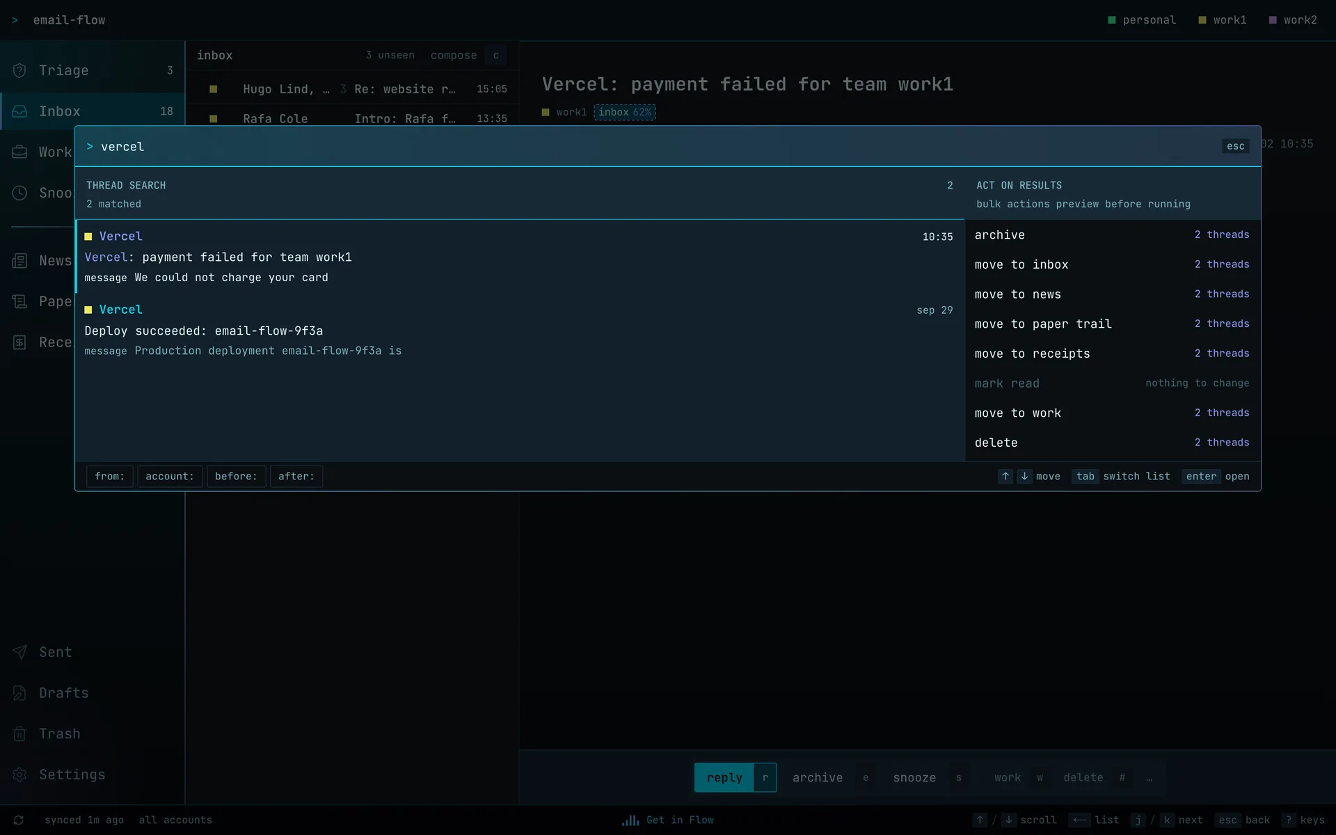 The command palette: thread search results on the left, bulk actions with thread counts on the right