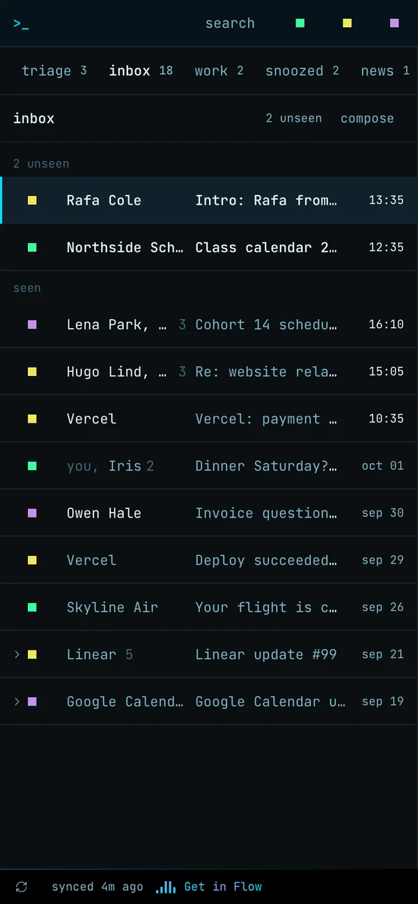 email-flow on a phone: bucket tabs across the top and a one-line thread list
