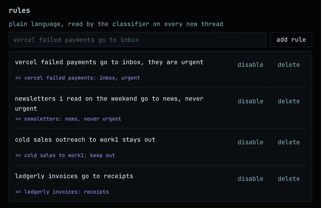 Settings, rules: four plain-language rules, each with the AI's parsed summary underneath